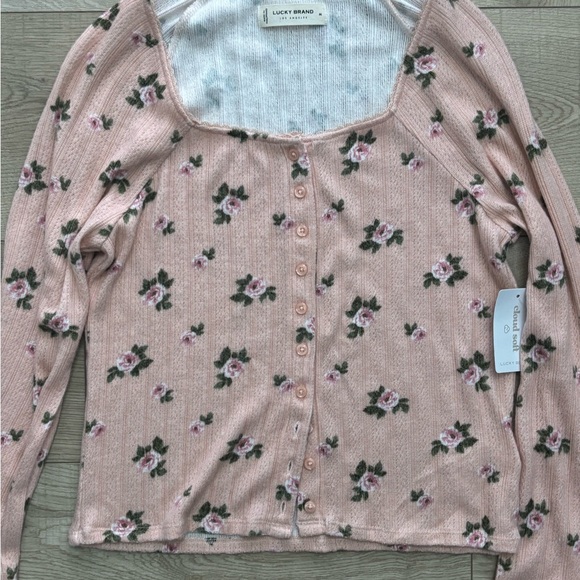 NWT Lucky Brand Pointelle Floral Pink Long Sleeve Button Up Cottagecore Shirt - Picture 6 of 14